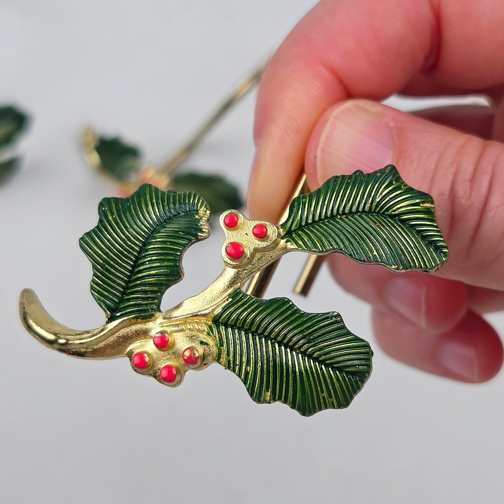 Vintage 90s Lenox Enamel Holly Berry Shower Curtain Hooks Set of 12 Metal